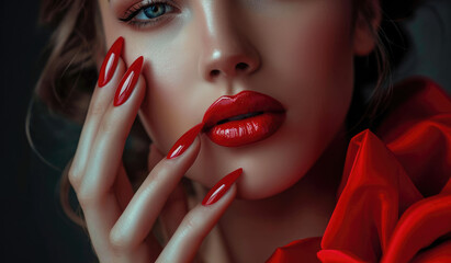 Manicure, woman with painted nails, art nails, red colours - obrazy, fototapety, plakaty