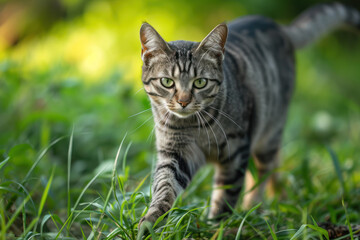 Naklejka na ściany i meble Gray tabby cat walking in green grass on nature