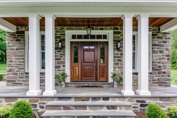 Wooden front door with gabled porch and landing. Exterior of georgian style home cottage with white columns and stone cladding