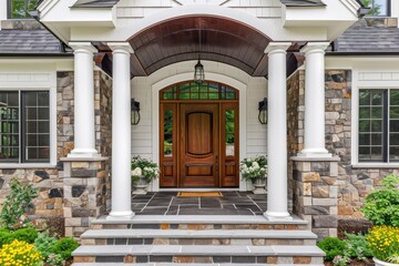 Wooden front door with gabled porch and landing. Exterior of georgian style home cottage with white columns and stone cladding