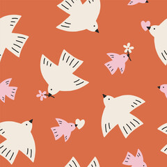 Vector seamless pattern with hand drawn flying birds with flowers and hearts. Lovely romantic endless background for Valentines day, holiday design, wallpaper, fabric. Flat cartoon illustration