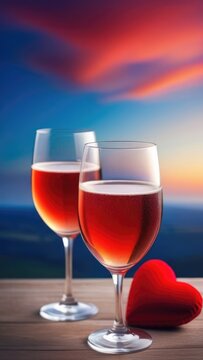 Champagne for valentines day background with two champagne glasses on sky, sea bokeh background. Valentines day, Mothers day drink concept image. Vertical banner for Valentines Day card. Copy space.