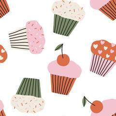 Vector seamless pattern with cute hand drawn cupcakes. Lovely endless background with sweet cupcakes for nursery, Valentines designs, romantic holidays, fabrics, wallpaper. Flat vector illustration