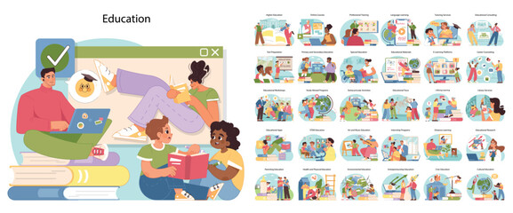 Comprehensive education set. People of various ages and races study. Wide array of educational scenes, from digital learning to traditional classrooms and cultural education. Flat vector illustration