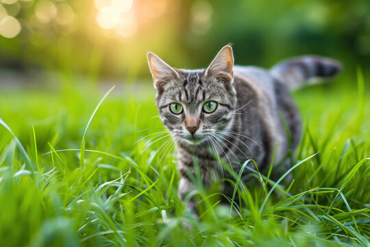 Gray tabby cat walking in green grass on nature