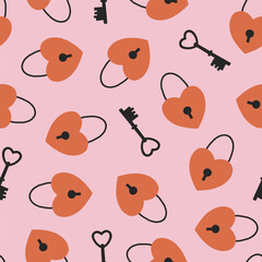 Vector seamless pattern with cute keys and heart locks. Lovely romantic endless background for Valentines day, holiday design, wallpaper, fabric. Hand drawn adorable pattern in flat style