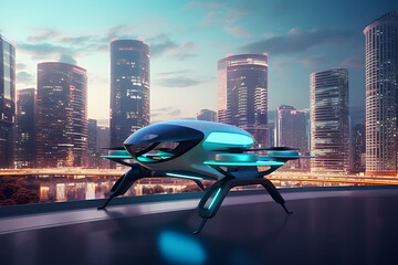 Urban air mobility, air taxi, UAM, Passenger Autonomous Aerial Vehicle AAV in futuristic city - obrazy, fototapety, plakaty