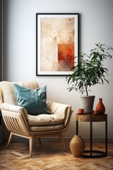 A picture of Mockup poster frame on the wall of living room. Luxurious apartment background with contemporary design. Modern interior design Generative AI