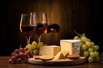 Red wine, grapes and cheese illustration
