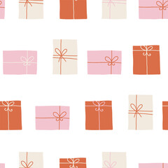 Vector seamless pattern with cute gift boxes. Charming romantic endless background with colored gifts for Valentines day, holiday design, wallpaper, fabric. Hand drawn festive pattern in flat style