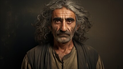 Obraz premium Photorealistic Old Persian Man with Brown Curly Hair vintage Illustration. Portrait of a person in Great Depression era aesthetics. Historic movie style Ai Generated Horizontal Illustration.