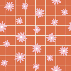 Vector seamless pattern with grid and flowers. Lovely romantic endless background with cute florals and grid for Valentines day, holiday design, wallpaper, fabric. Hand drawn pattern in flat style