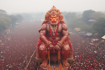 a giant image of Hanuman Jayanti in a mass procession of the crowd on the festival - obrazy, fototapety, plakaty