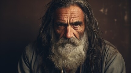 Obraz premium Photorealistic Old Persian Man with Brown Straight Hair vintage Illustration. Portrait of a person in Great Depression era aesthetics. Historic movie style Ai Generated Horizontal Illustration.