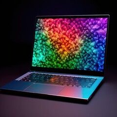 Translucent laptop on a dark background, gradient transition of the color spectrum, pointillism