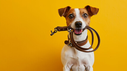 Cute Dog Jack Russell terrier holding pet leash in mouth ready to go for walk on color yellow background with copy space. Traveling with pets concept, pets love, animal life, humor. Ready to travel. - obrazy, fototapety, plakaty