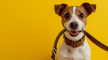 Cute Dog Jack Russell terrier holding pet leash in mouth ready to go for walk on color yellow background with copy space. Traveling with pets concept, pets love, animal life, humor. Ready to travel.
