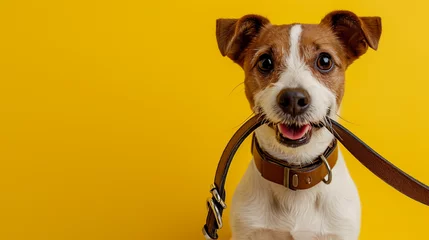 Tuinposter Cute Dog Jack Russell terrier holding pet leash in mouth ready to go for walk on color yellow background with copy space. Traveling with pets concept, pets love, animal life, humor. Ready to travel. © Evgeniya
