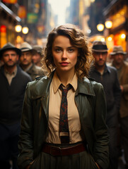 the woman stands in front of the men, the men behind, created with Generative AI technology