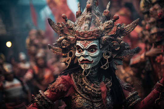 a mass celebration of the new year in Indonesia and a man dressed as Nyepi walks through the crowd