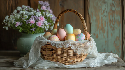 easter basket with colorful eggs and flowers for Easter