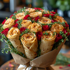 Gourmet Shawarma and Red Rose Bouquet, Ideal for Food and Flower Fusion Concepts
