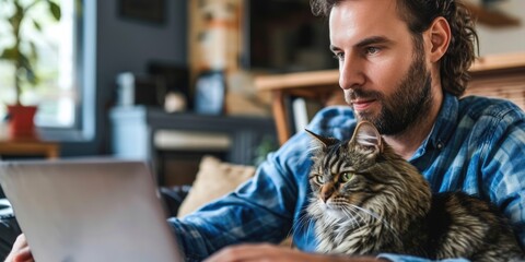 Handsome man working online from home by cat pet accompanied on his laptop - obrazy, fototapety, plakaty