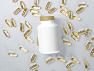3D illustration. Pills jar scattered isolated.