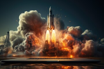 Realistic night view of laptop screen launching space rocket with fire flame and smoke generative AI