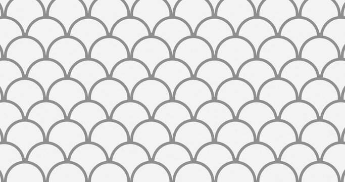 Abstract flat Circular outline shape like scales animated seamless tile pattern background moving in a single direction. White color minimalistic pattern motion graphics background.