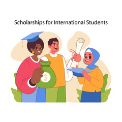 Scholarships for international students concept. Global learners share joy over educational funding, bridging cultures. Financial aid for learners from different countries. Flat vector illustration