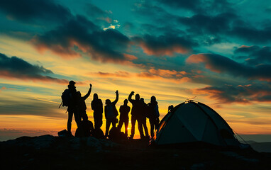 Uma silhueta de um grupo de pessoas se diverte no topo da montanha perto da tenda durante o pôr do sol - obrazy, fototapety, plakaty