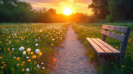 A wooden bench by a meandering path amid wildflowers, under a radiant sunset.