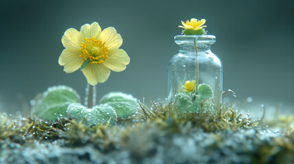 A single flower preserved in a small glass container, surrounded by moss. - obrazy, fototapety, plakaty