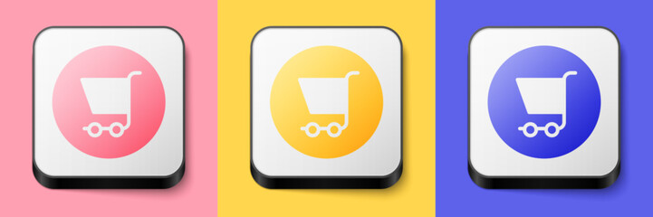 Isometric Shopping cart icon isolated on pink, yellow and blue background. Online buying concept. Delivery service sign. Supermarket basket symbol. Square button. Vector