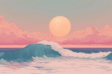 ocean and beach with sunrise in the background, in the style of pop inspo,