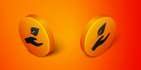 Fototapeta premium Isometric Hand hold a leaf of the plant icon isolated on orange background. Care nature. Leaf shoots with environmental protection. Orange circle button. Vector