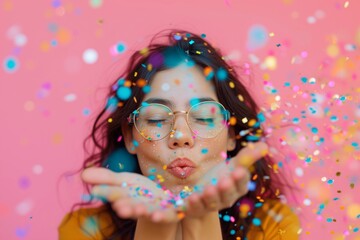 Fototapeta premium Vibrant Woman Blowing Glitter Confetti on Pink Background