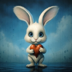 Obraz premium Cute white bunny holding heart, Valentine day or easter holiday greenings card design