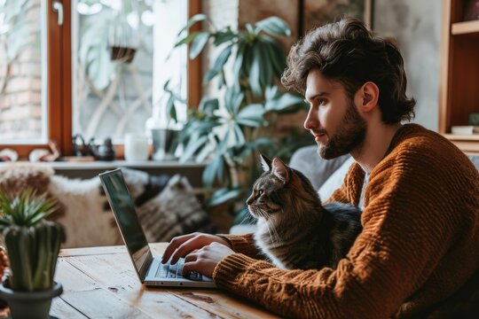 Handsome man working online from home by cat pet accompanied on his laptop