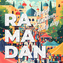 Islamic holy month Ramadan Kareem square banner. Decorated Arab street with bazaar and mosque with crescent. Eid Mubarak Muslim holiday greeting card. Islam celebration modern trendy art eps concept