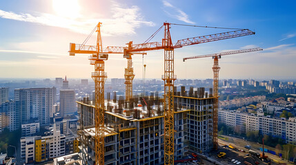 Large Construction Site with Multiple Cranes and Building Complex - obrazy, fototapety, plakaty