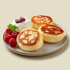 Cheese Pancakes Topped with Raspberries and Cream on a Pastel Background, Great for Cookbooks