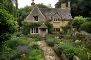Fototapeta na wymiar Charming home in a picturesque English garden. Generative AI