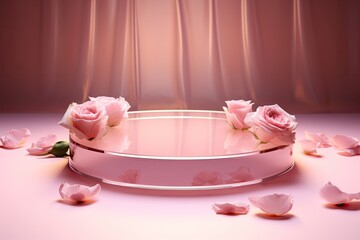 round glass transparent podium for the presentation of luxury products. rose petal and nice peach draped fabric background