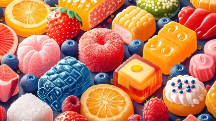 Assorted colorful fruit candies and berries. Eastern sweets. Concept of confectionery variety, fruity sweets, and dessert indulgence. - obrazy, fototapety, plakaty