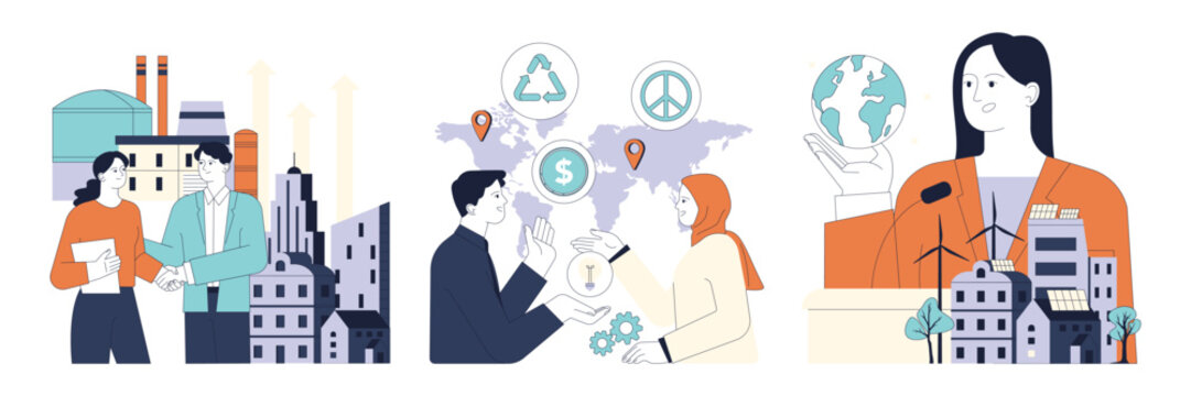 Political action set. Diverse people involved in global education, economic growth, environmental activism, democracy and diplomacy building. Sustainable development. Flat vector illustration.