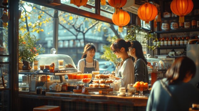 A casual lifestyle scene of friends sharing a variety of Eastern sweets at a cozy cafe decorated with hanging lanterns. Concept of socializing, cafe culture, casual dining, and friendly atmosphere.