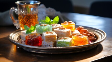 Various Middle Eastern sweets like Turkish delight and baklava, arranged elegantly on an silver platter, natural lighting emphasizing the textures and colors. Dark background