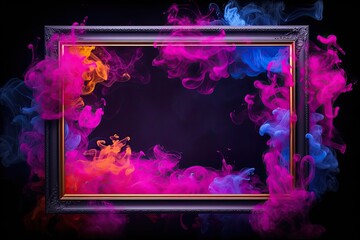 texture of fiery magical neon transparent pink smoke in a square frame. black backdrop